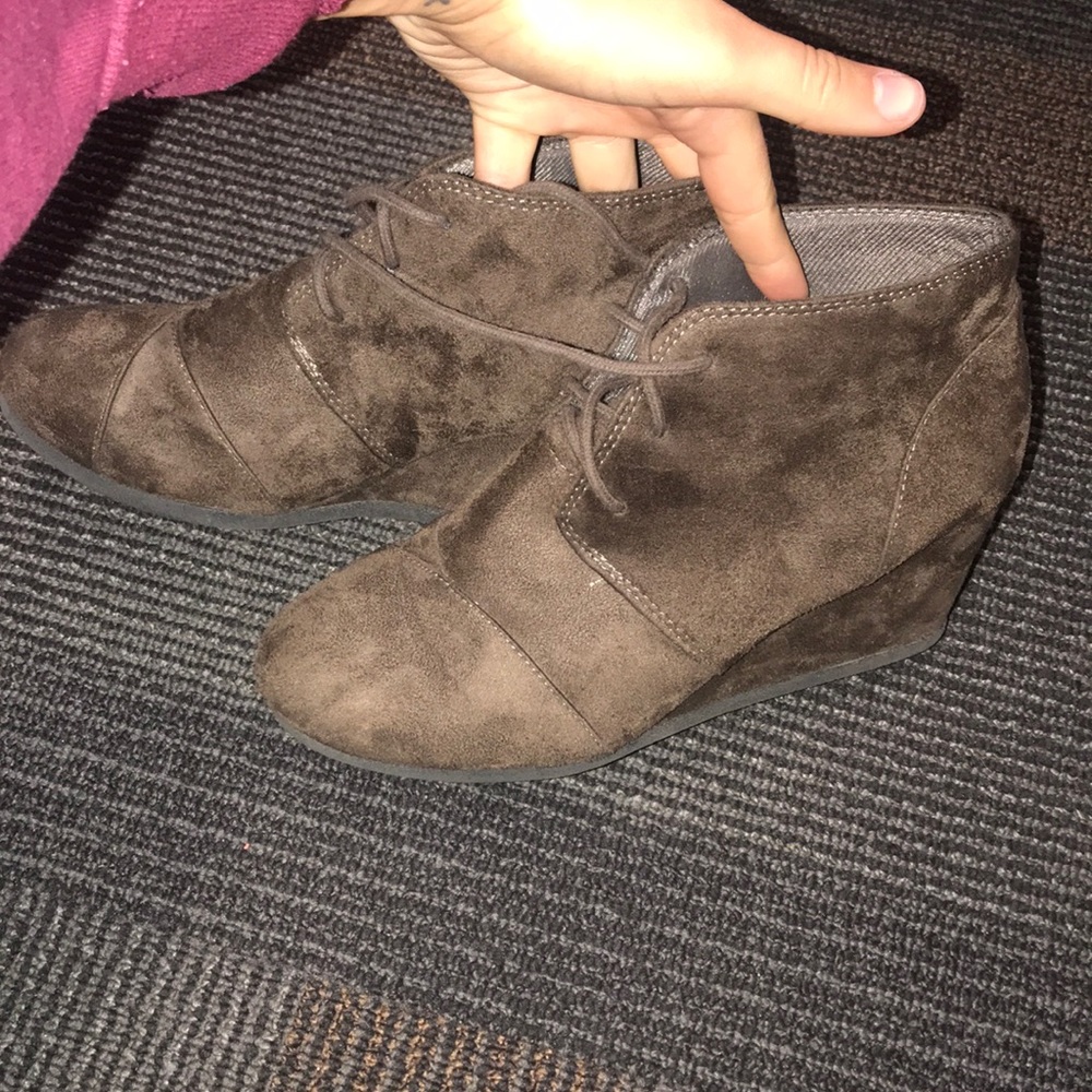 Brown suede booties wedges- like new